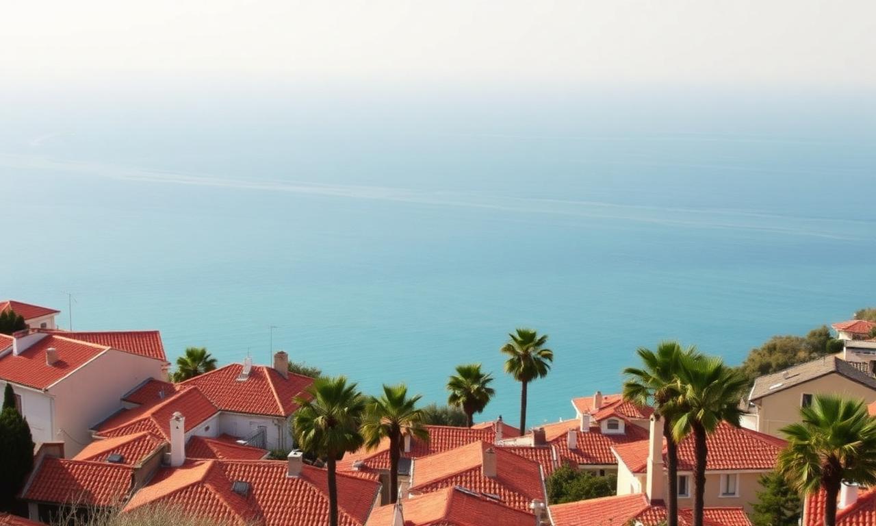 Vue panoramique d'un village des Alpes-Maritimes avec toits en tuiles et mer méditerranée