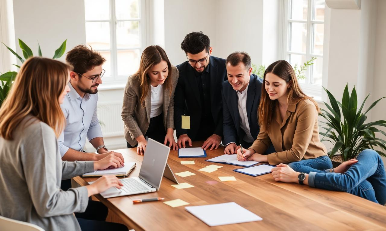 Équipe d'entrepreneurs autour d'une table de travail collaborative dans un bureau lumineux
