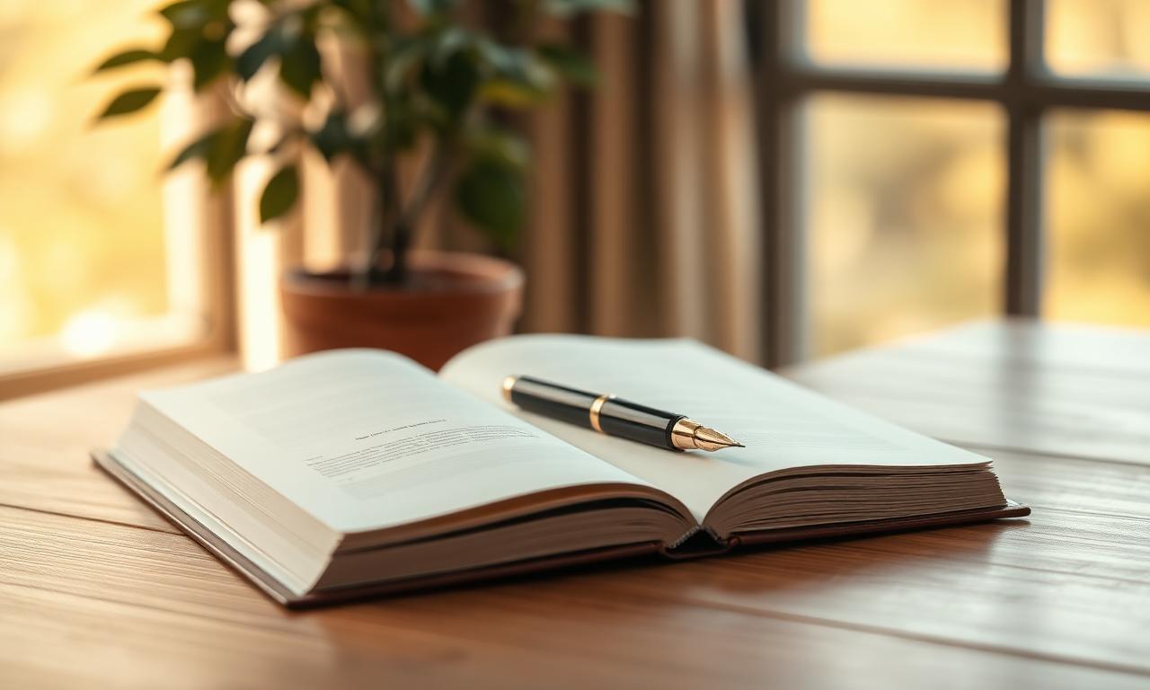 Cahier ouvert et stylo plume sur un bureau en bois, lumière douce de Méditerranée