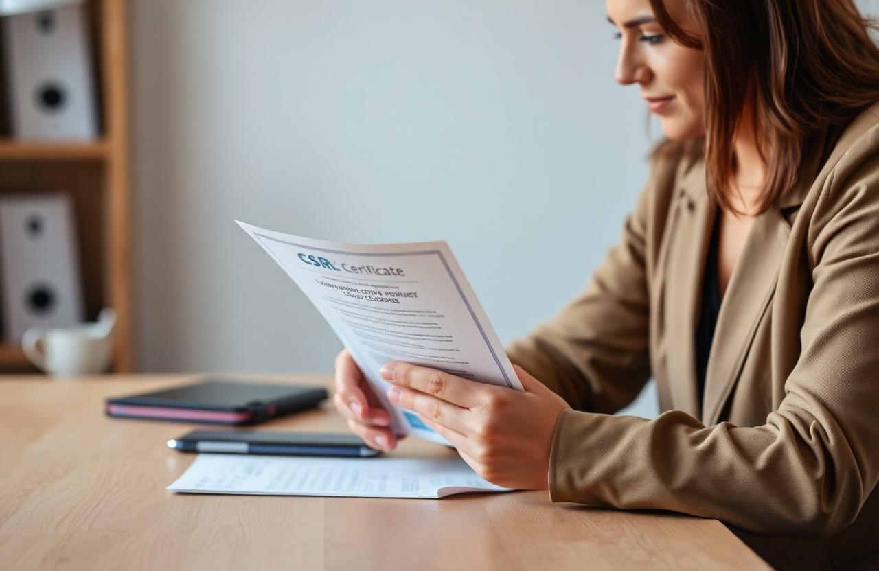 Dirigeante de petite entreprise examinant un certificat RSE sur un bureau en bois, lumière méditerranéenne